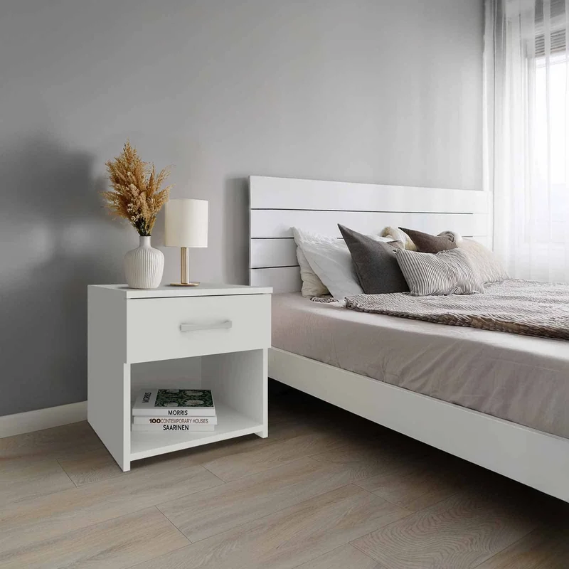 זוג שידות לילה עם מגירה בגוון לבן רוחב 40 ס"מ דגם נועם זוג שידות לילה עם מגירה בגוון לבן רוחב 40 ס"מ דגם נועם NOAM