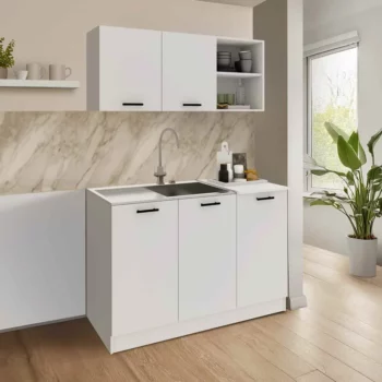 מטבח מודרני ברוחב 1.2 מטר עליון ותחתון בגוון לבן כולל כיור נירוסטה דגם רוז ROSE